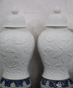 RYOM15_High quality carved fish and sea wave pattern pair of white ceramic ginger jar