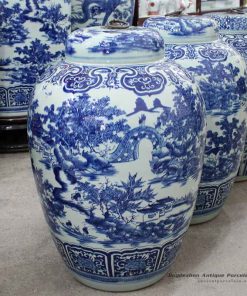 RYOM24-A_ Tall blue and white hand paint rustic life pattern large ceramic jar
