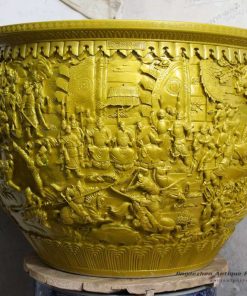 RYOM28_Yellow plain color carved the Romance of the Three Kingdoms scene stoneware large outdoor planter