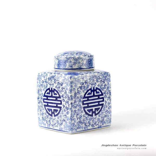 RYPU39_medium size coffee bean container blue and white square box jar H21.5 W16 CM; H8.5″ W6.3″