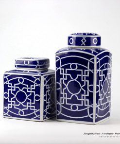RYPU40_Geometric pattern unique design dark blue and white ceramic square jar in pair