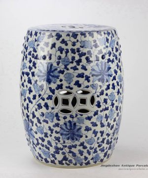 RYRJ10_Flower and branch pattern hand painting cobalt and white ceramic end table stool