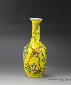 RYRK22_Famille rose glazed hand painted bird grape floral pattern yellow decorative vase