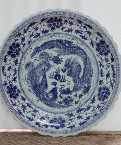 RYST04-B_32inch Large Blue and white painted dragon and phoenix floral design Ceramic Plate