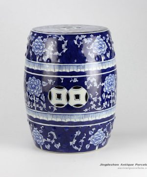 RYTA08-B_Blue and white floral pattern ceramic end table stool