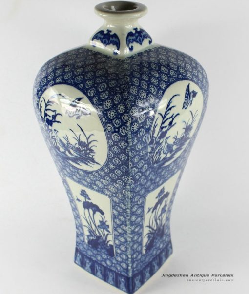 RYTM15_H15.3″ Blue white floral bird home accessory vases
