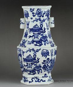 RYTM51_Vintage top grade 6 sides two handles hand paint eight treasures pattern blue and white ceramic decor vase