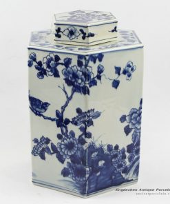 RYUK13_H11.4″ wholesale jars hand painted Blue white flower bird Hexagon Jar