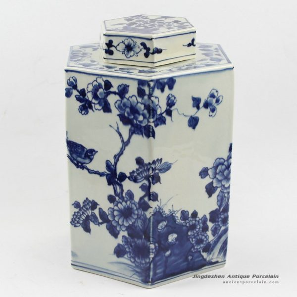 RYUK13_H11.4″ wholesale jars hand painted Blue white flower bird Hexagon Jar