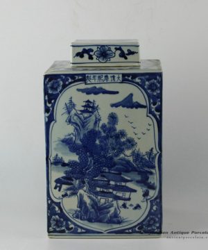 RYUK15_12″ Qing dynasty reproduction blue white square hand painted ceramic jar lidded
