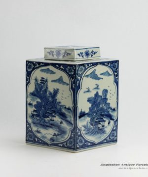 RYUK16_Jindezhen hand paint landscape pattern ceramic square blue and white jar