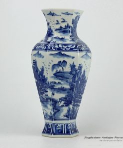 RYUK28_Hexahedral hand painted landscape pattern blue and white tall vases wholesale
