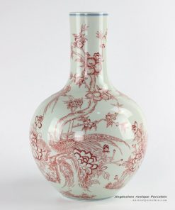 RYUU15_Jingdezhen China unique white background red wild bird pattern ceramic globular vase