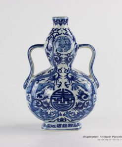 RYUU18_dynasty design blue and white dragon pattern ceramic gourd shape vase with handle