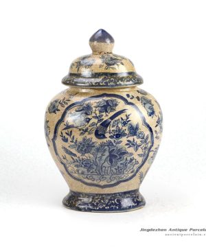 RYUV05-OLD_Crackled ground glazed bird flower pattern blue and white ceramic chinese ginger jar
