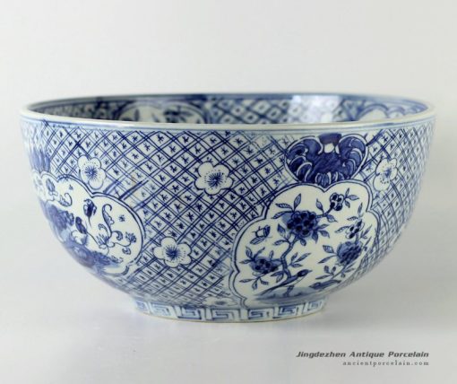 RYUV13_12″ Blue white ceramic bowls flower and fruit design