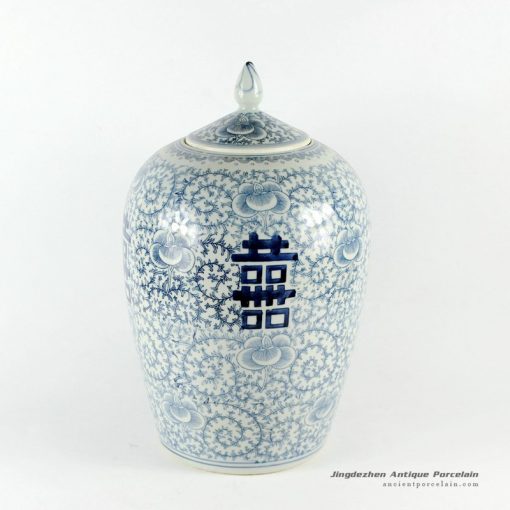 RYVM22_14″ Jingdezhen blue white double happiness porcelain melon Jar with floral design