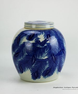 RYWI20_Hand painted blue and white bird leaves pattern porcelain urn with lid