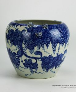 RYWI21_Hand paint blue and white squirrel grape pattern sculpture spider large ceramic plant pot