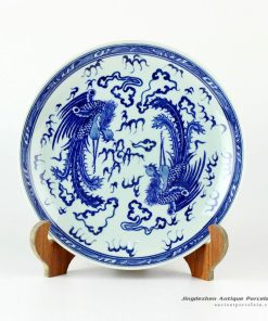 RYXC21_11.4″ Hand painted blue and white phoenix pattern decor plate