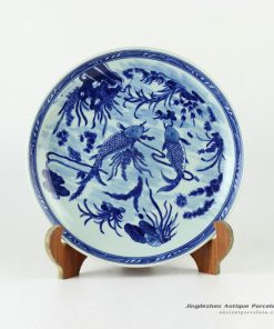 RYXC25_11.4″ Hand painted fish pattern blue white ceramic decor plate