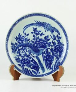 RYXC27_11.4″ Hand painted blue and white peony and birds pattern ceramic decor plate