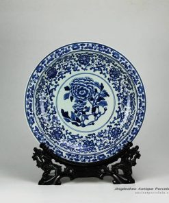 RYXC31-D_Peony flower pattern hand paint cobalt blue salad platter