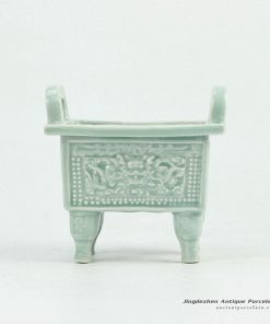 RYXP34_Plain color celadon glazed inlaid chinese dragon engraved pattern quadripod incense burner