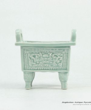RYXP34_Plain color celadon glazed inlaid chinese dragon engraved pattern quadripod incense burner