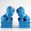 RYXZ11_China gate warrior blue ceramic squat lions statues book end