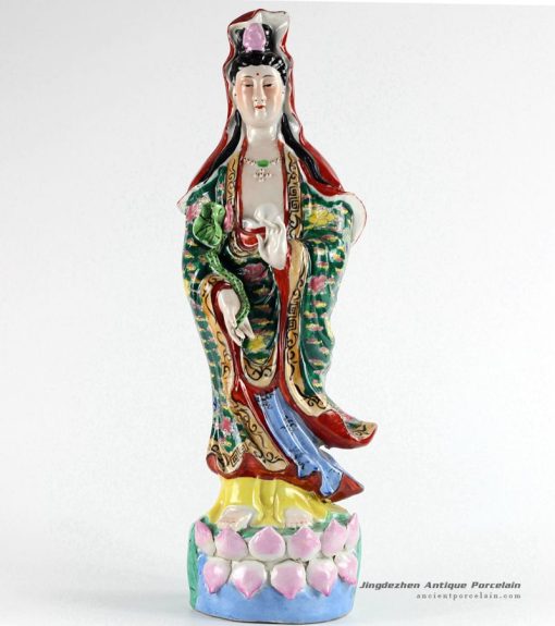 RYXZ15_Famille rose buddism godness Guanyin standing on lotus throne figurine