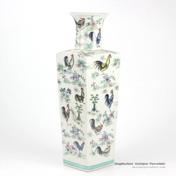 RYYQ02_Rectangular body open mouth hand paint colorful roosters pattern enamel porcelain big vases