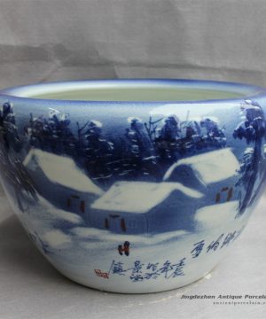 RYYY16_D16″ Hand painted Blue and white ceramic planter winter scenery