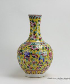 RYZG08_H16.5″ Jingdezhen hand painted yellow pink fruit and children design famille rose porcelain vases
