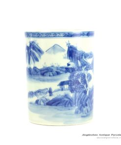 RYZN01-B_Hand paint blue and white tubular ceramic pen pot
