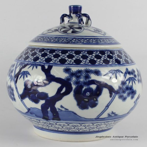 RZB01_H7.6″ jingdezhen hand painted blue and white monkey porcelain Tea Jar