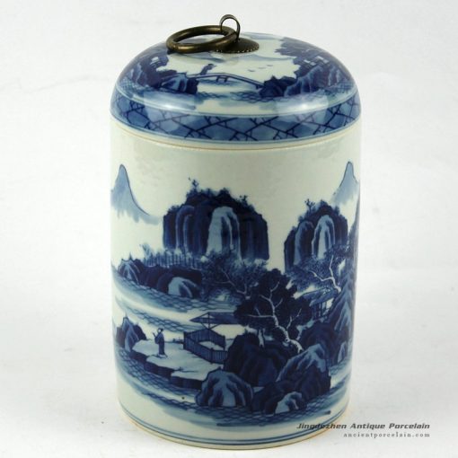RZCC01_h7″ Hand painted blue and white Porcelain Canister with ring lid