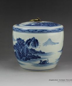 RZCC04_Blue and white metal ring flat lid vintage porcelain jar