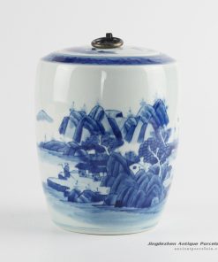 RZCC09_Blue and white tip top China scenic design metal ring lidded tea caddy