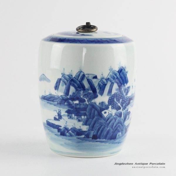 RZCC09_Blue and white tip top China scenic design metal ring lidded tea caddy