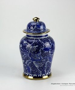 RZCM05-GOLD_Golden line pleated hand paint phoenix pattern gallery display high quality ceramic jar