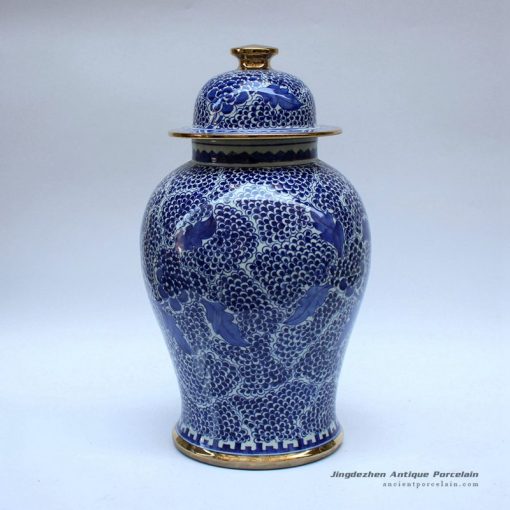 RZCM09_Golden line plated hand paint blue and white floral pattern ceramic ginger jar