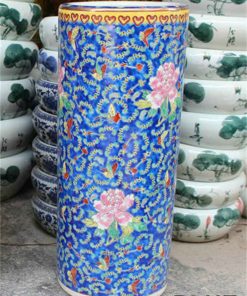 RZCX01_Famille rose floral painted ceramic umbrella stand blue