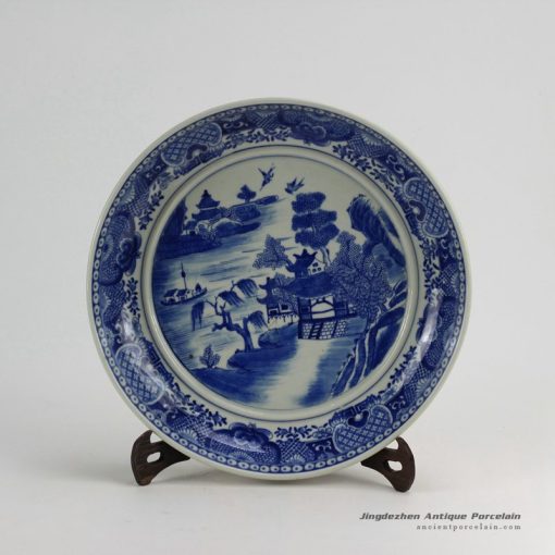 RZDA09_D14″ Hand Painted Blue White Round Porcelain landscape Plate
