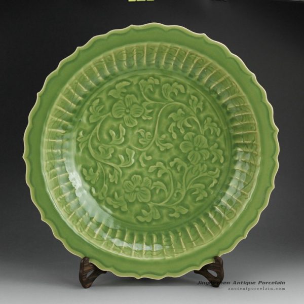 RZES01-A_17inch Celadon engraved dragon, flower and fish design decor. porcelain plate