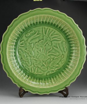 RZES01-B_17inch Celadon engraved dragon, flower and fish design decor. porcelain plate