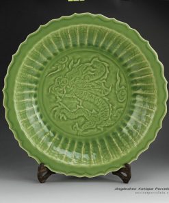 RZES01-C_17inch Celadon engraved dragon, flower and fish design decor. porcelain plate
