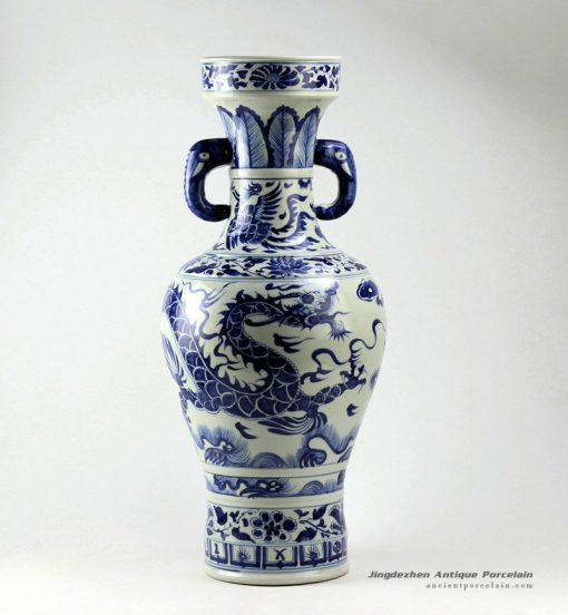RZEZ01_25.3inch Blue and white dragon vases with elephant handle Ming dynasty reproduction