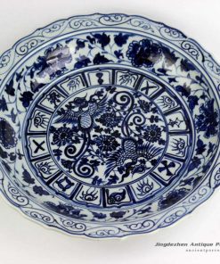 RZEZ09-E_Hand paint phoenix pattern carved floral edge blue and white large ceramic plate