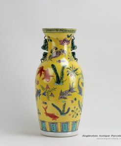 RZFA04_H16.5″ Jingdezhen Yellow Famille rose porcelain vases hand painted fish design